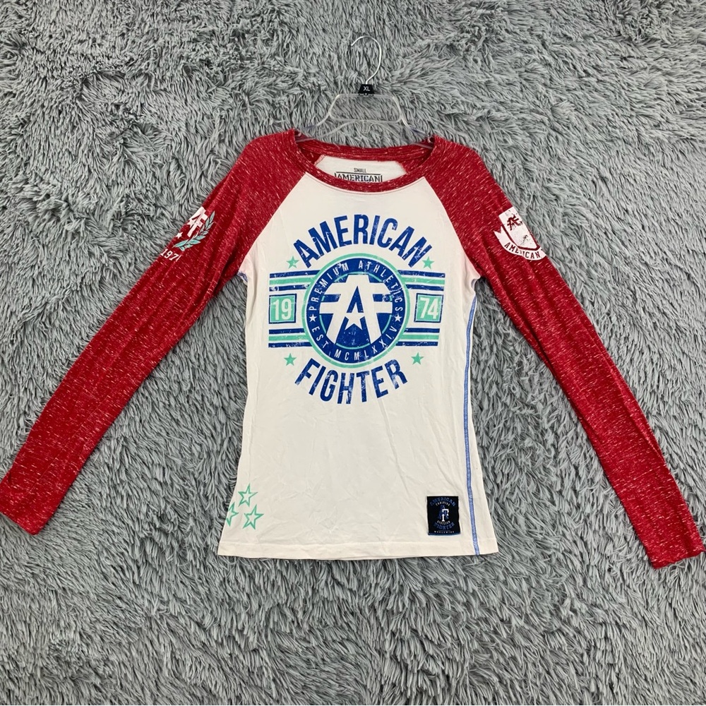 American Fighter Shirt Womens Small Long Sleeve Logo Spellout Tshirt White